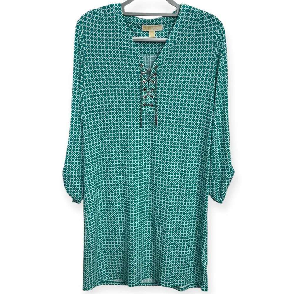 Michael‎ Kors Women’s Teal Geometric Long Sleeve Dress Size M *235